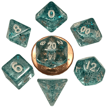 10mm Mini Dice Acrylic Polyhedral Set (24 Options): Purple and Teal with Blue Numbers