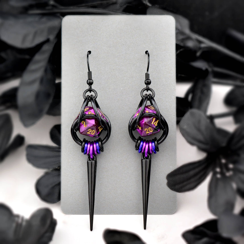 D20 Purple Goth Spike Dice Earrings: Black stainless