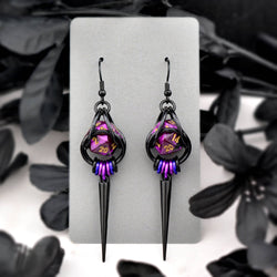 D20 Purple Goth Spike Dice Earrings: Black stainless