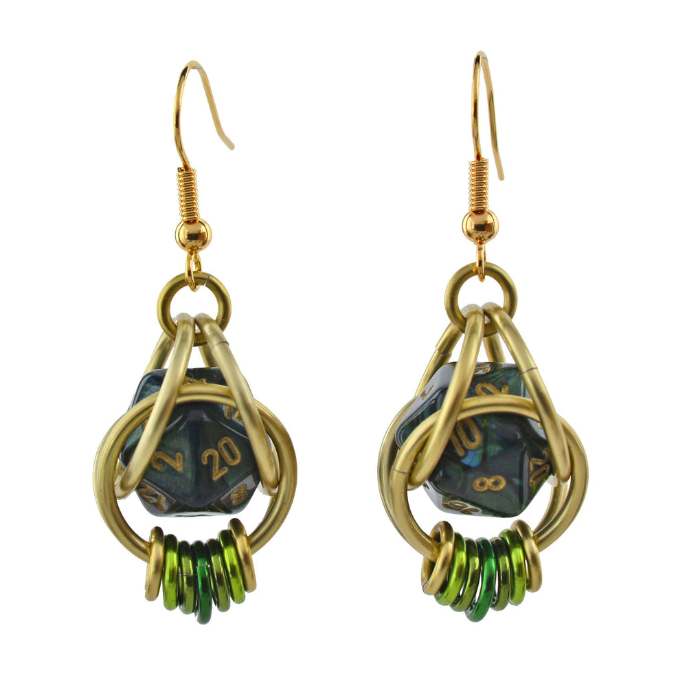 D20 Forest Green Earrings - Mini Dice Chainmaille Jewelry: Gold-plate