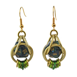 D20 Forest Green Earrings - Mini Dice Chainmaille Jewelry: Gold-plate