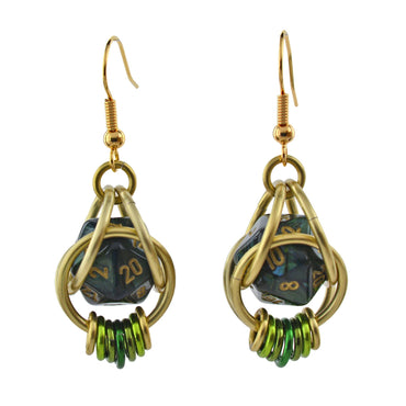 D20 Forest Green Earrings - Mini Dice Chainmaille Jewelry: Gold-plate