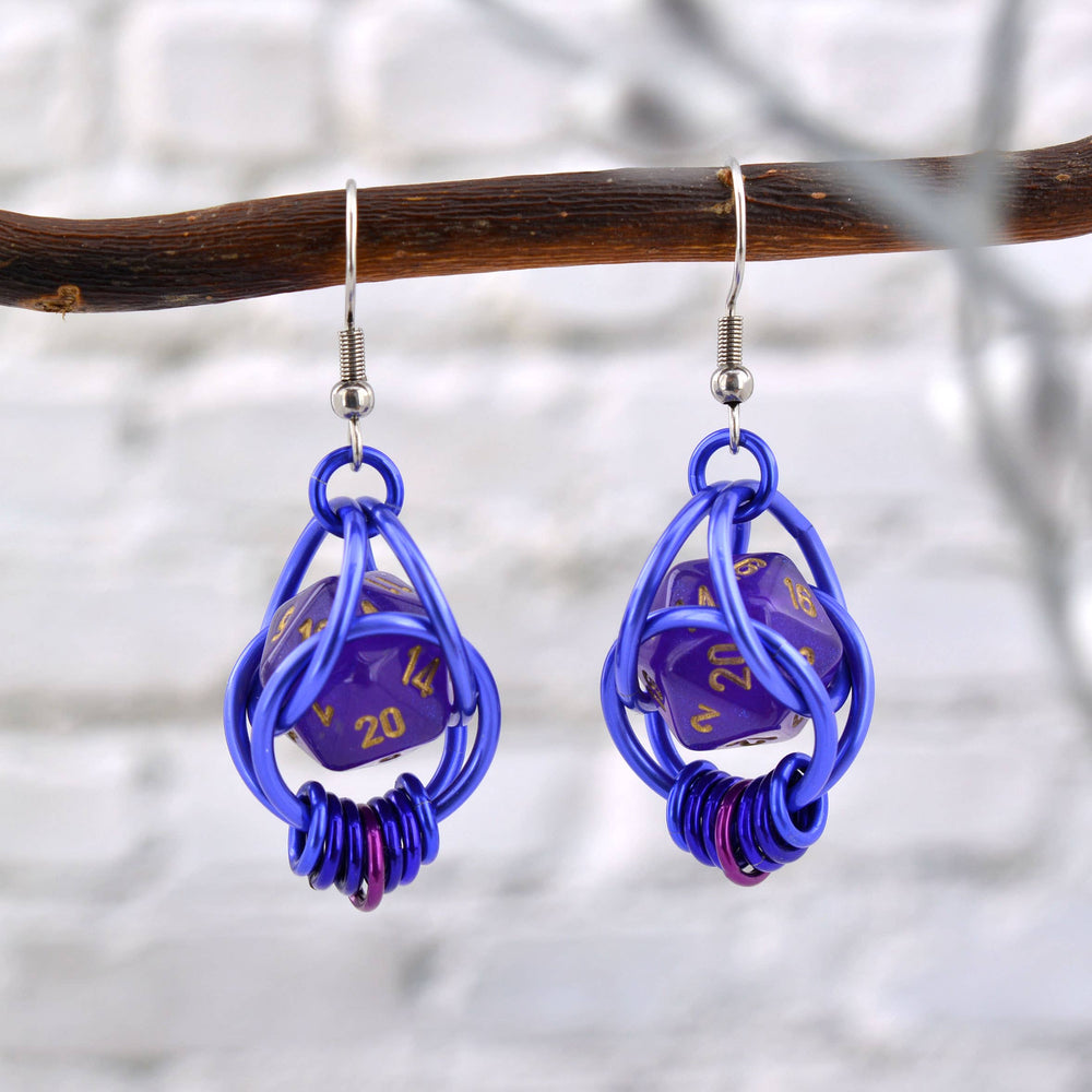D20 Purple Magic Earrings - Mini Dice in Chainmaille Cage