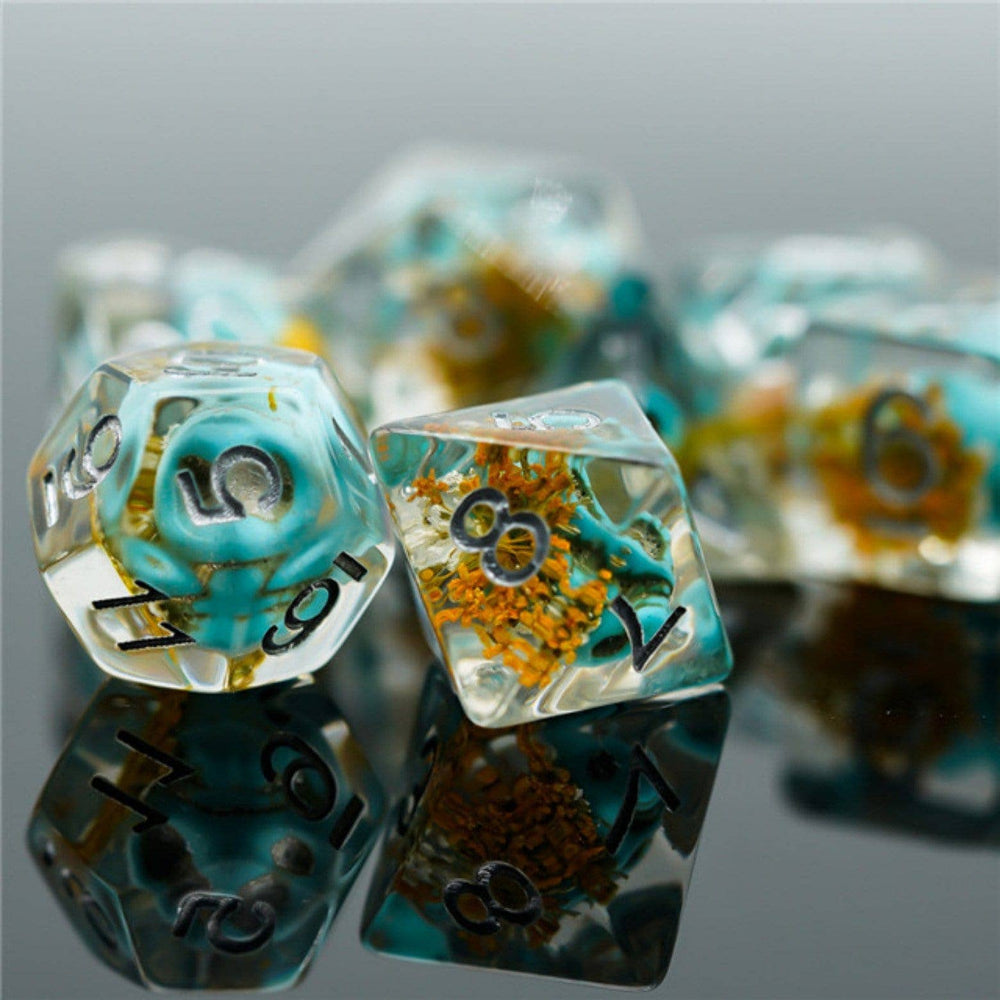 Yellow Flower with Blue Skull RPG Dice Set