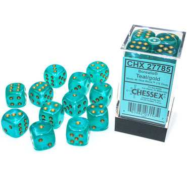 Chessex 16mm d6 (12) Borealis Luminary - Teal/Gold