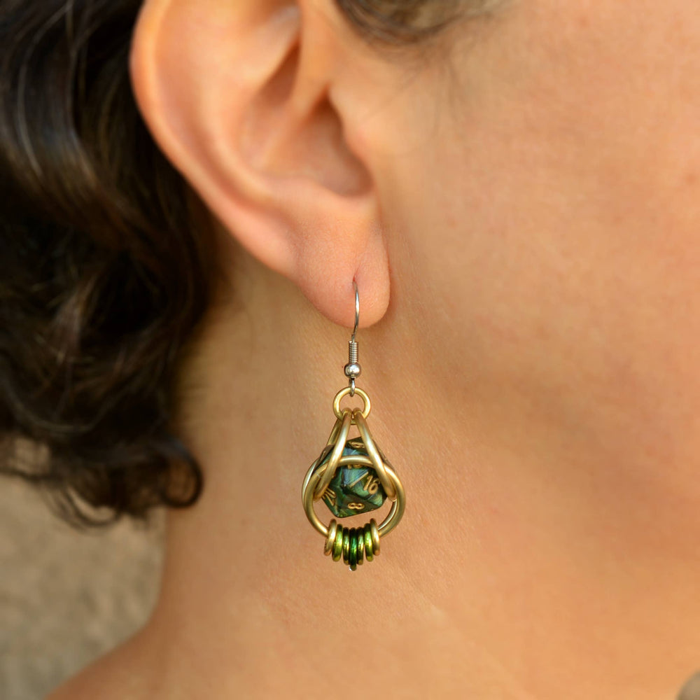 D20 Forest Green Earrings - Mini Dice Chainmaille Jewelry: Gold-plate