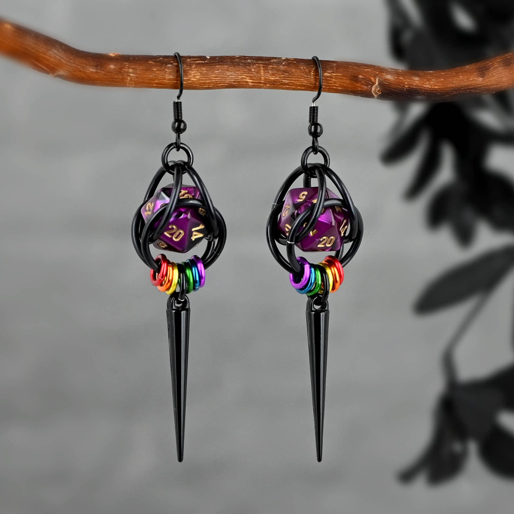 D20 Black Rainbow LGBTQ Pride Spike Dice Earrings: Multi / Black stainless