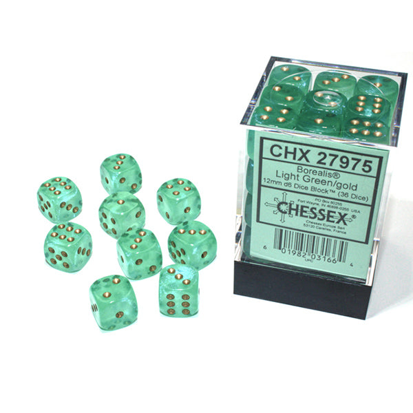Chessex 12mm d6 (36) Borealis Luminary - Light Green/Gold