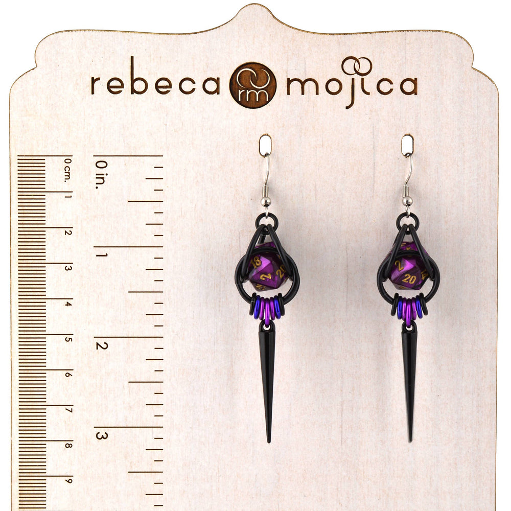D20 Purple Goth Spike Dice Earrings: Black stainless