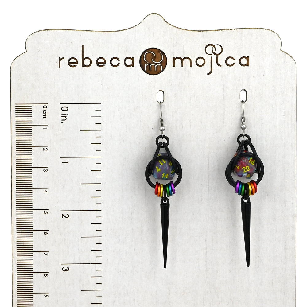 D20 Black Rainbow LGBTQ Pride Spike Dice Earrings: Multi / Black stainless
