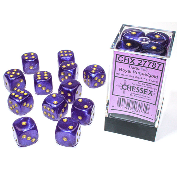 Chessex 16mm d6 (12) Borealis Luminary - Royal Purple/Gold