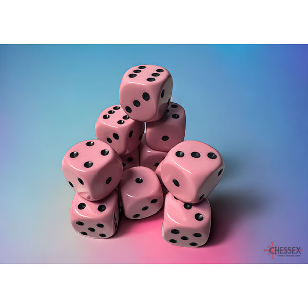 Chessex 16mm d6 (12) Opaque - Pastel Pink/Black