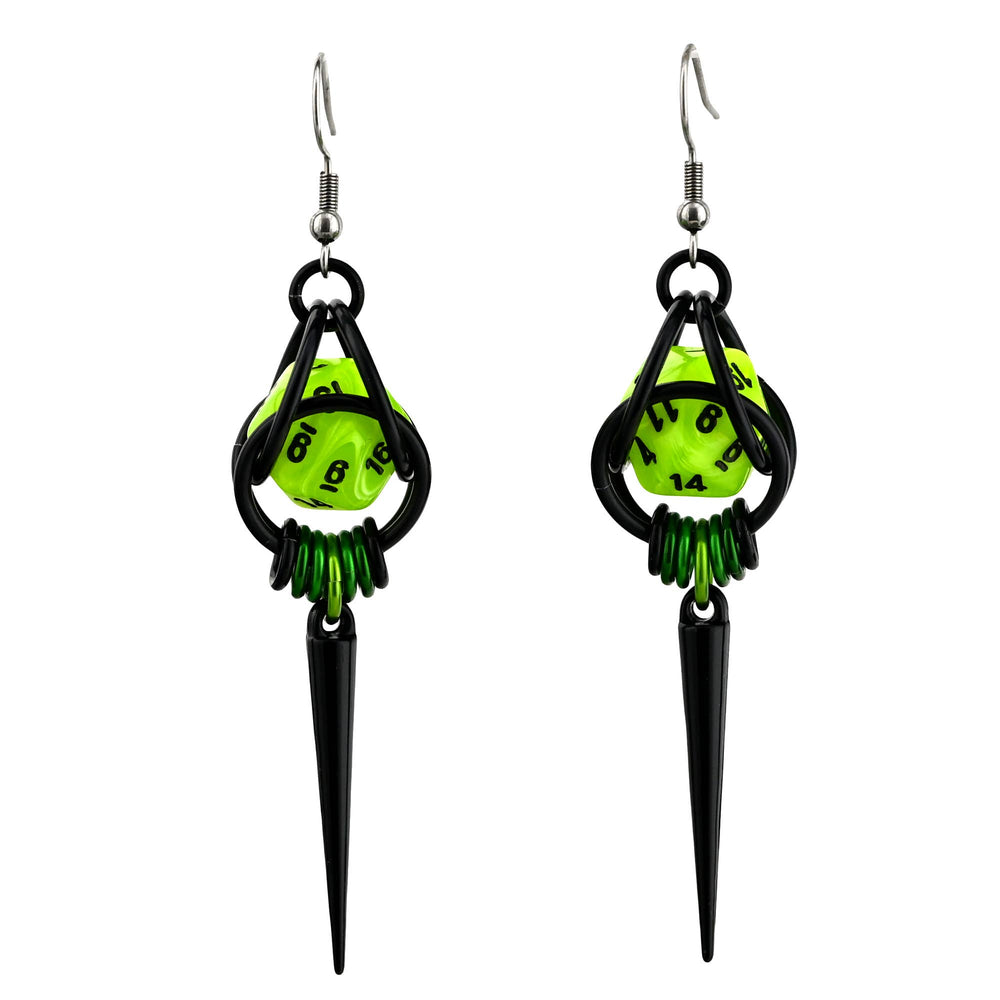 D20 Neon Green Spike Dice Earrings: Black stainless