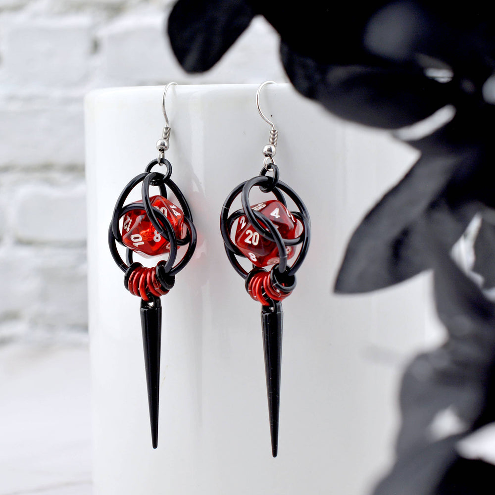 D20 Red + Black Spike Dice Earrings : Black stainless