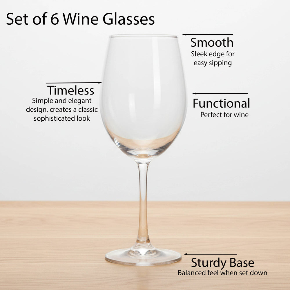 Lorren Home Trends White Wine Glasses, Clear Glass, 13 Ounce Capacity, Long Stem Design, Set of 6