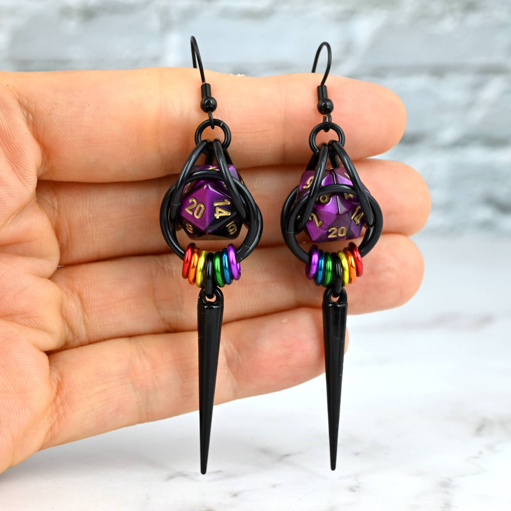 D20 Black Rainbow LGBTQ Pride Spike Dice Earrings: Multi / Black stainless