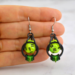 D20 Neon Green Earrings - 20-sided Dice in Black Chainmaille: Black stainless