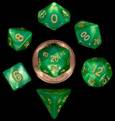10mm Mini Dice Acrylic Polyhedral Set (24 Options): Green and Light Green with Gold Numbers
