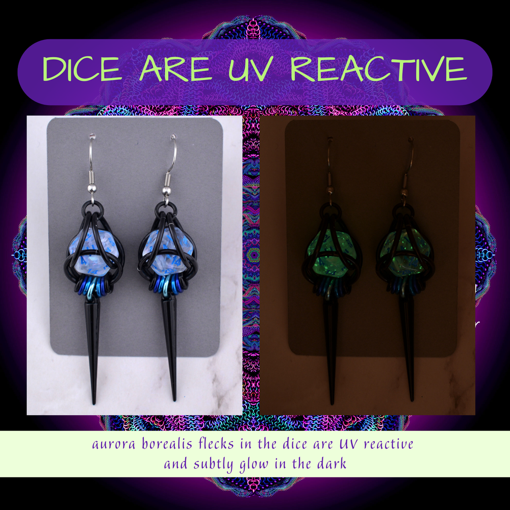 D20 Black Spike Dice Earrings - UV Reactive Jewelry: Stainless steel