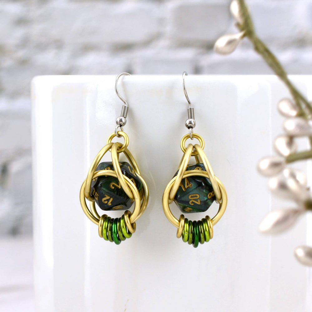 D20 Forest Green Earrings - Mini Dice Chainmaille Jewelry: Gold-plate