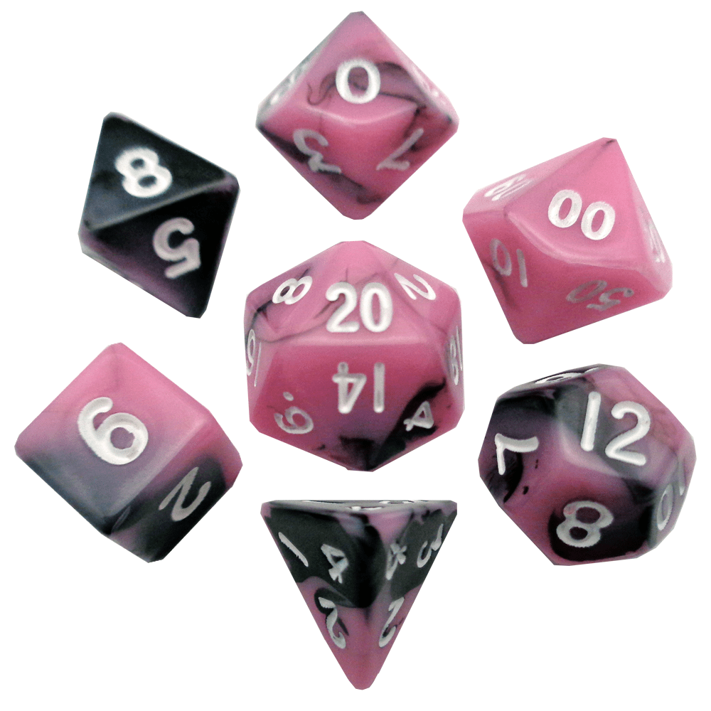 10mm Mini Dice Acrylic Polyhedral Set (24 Options): Marble with Blue Numbers