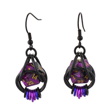 D20 Purple Goth Dice Earrings : Black stainless
