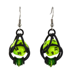 D20 Neon Green Earrings - 20-sided Dice in Black Chainmaille: Black stainless