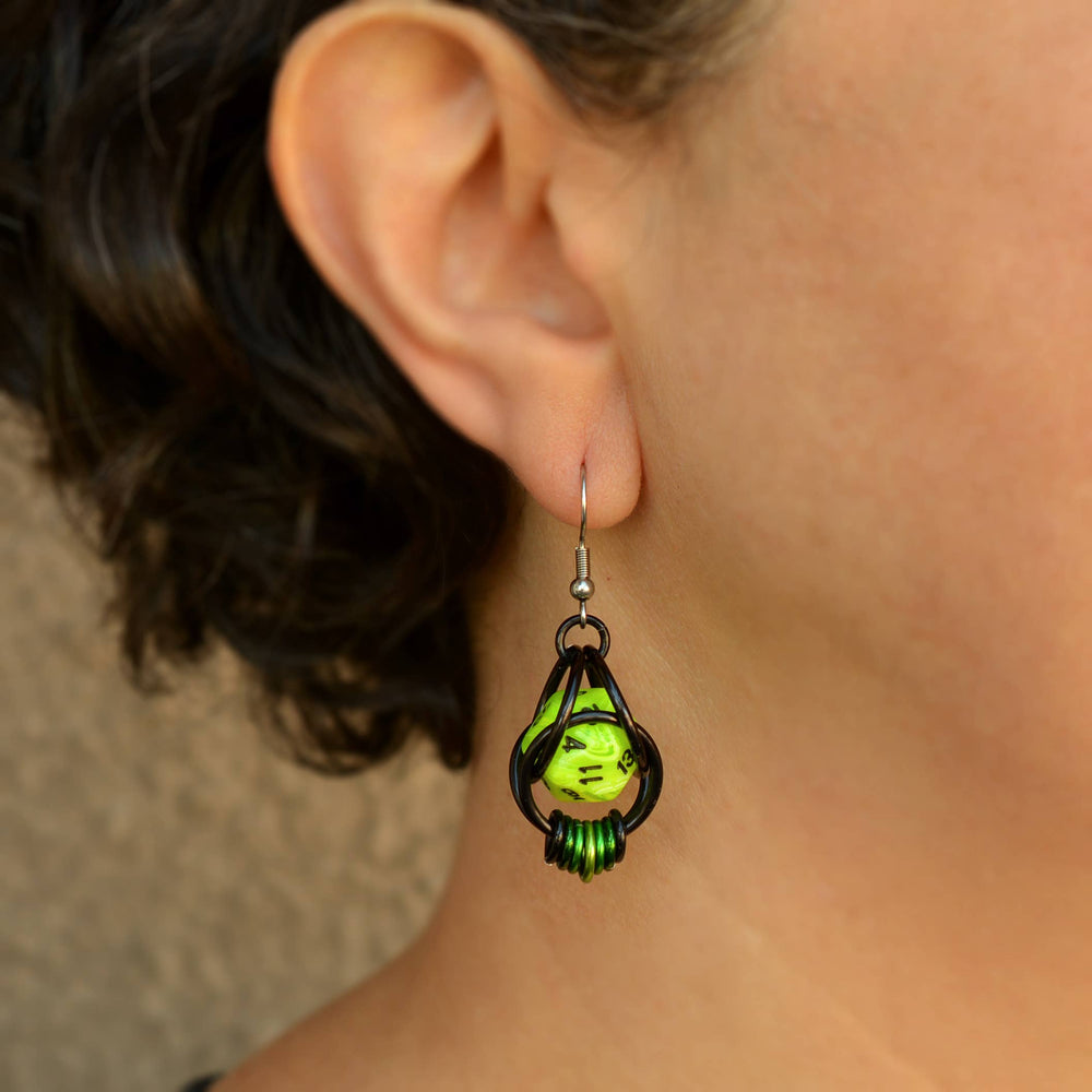 D20 Neon Green Earrings - 20-sided Dice in Black Chainmaille: Black stainless