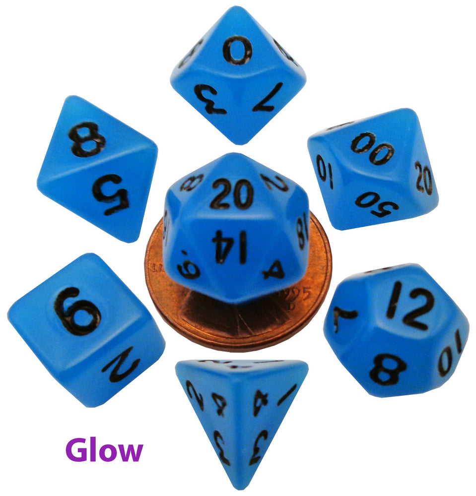 10mm Mini Dice Acrylic Polyhedral Set (24 Options): Glow Blue with Black Numbers