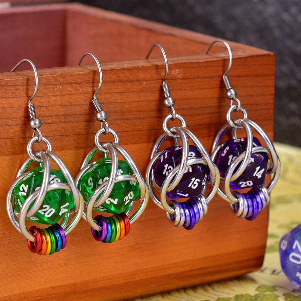 D20 Earrings - LGBTQ Rainbow or Ombre Coil: Rainbow / Turquoise