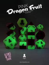 Pink Dragon Fruit Glow in the Dark 14pc Dice Set inked in Green