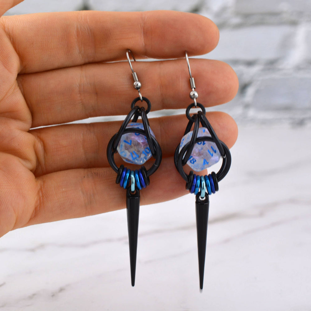 D20 Black Spike Dice Earrings - UV Reactive Jewelry: Stainless steel