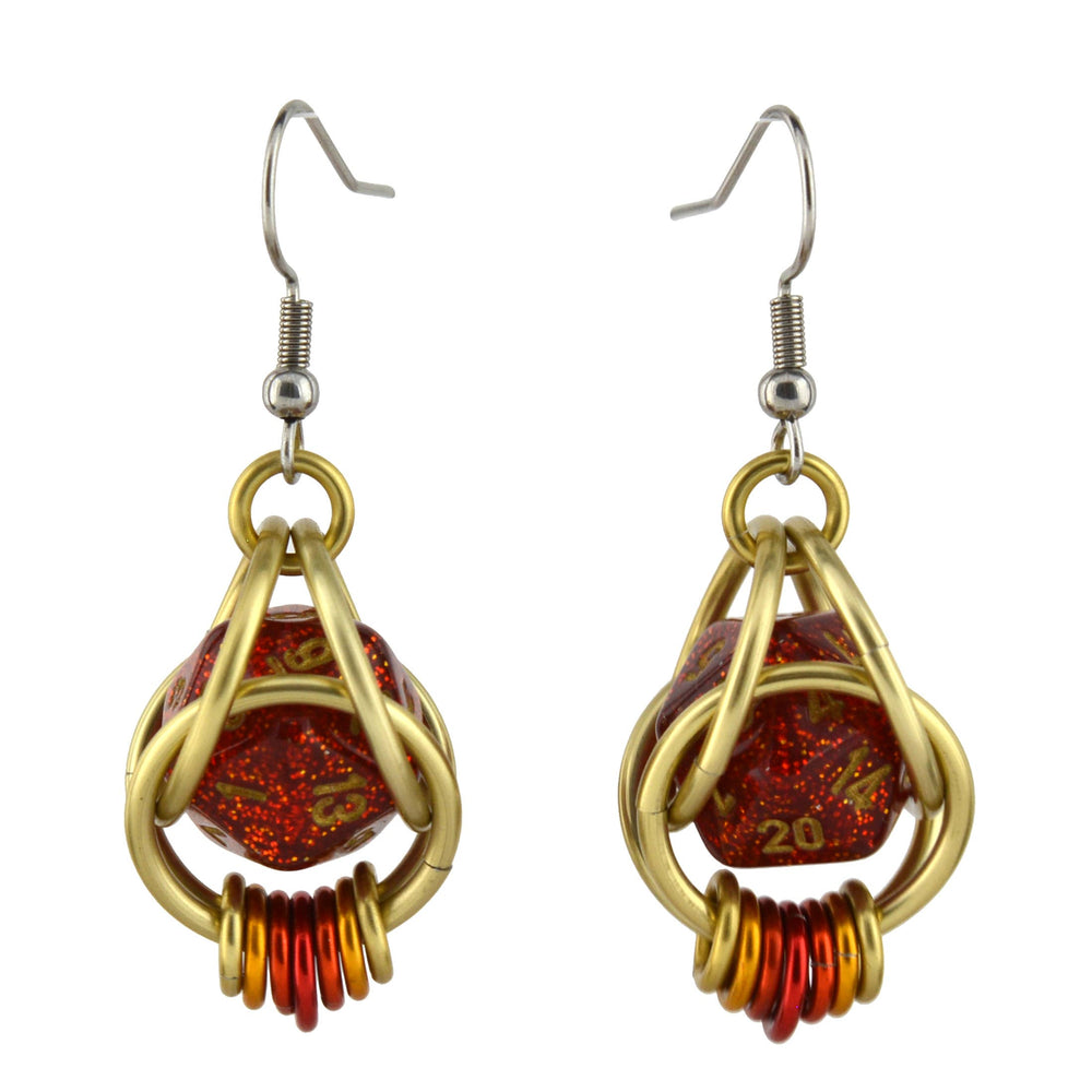 D20 Red Glitter Earrings - Mini Dice Chainmaille Jewelry: Gold-plate