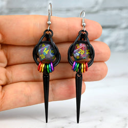 D20 Black Rainbow LGBTQ Pride Spike Dice Earrings: Multi / Black stainless