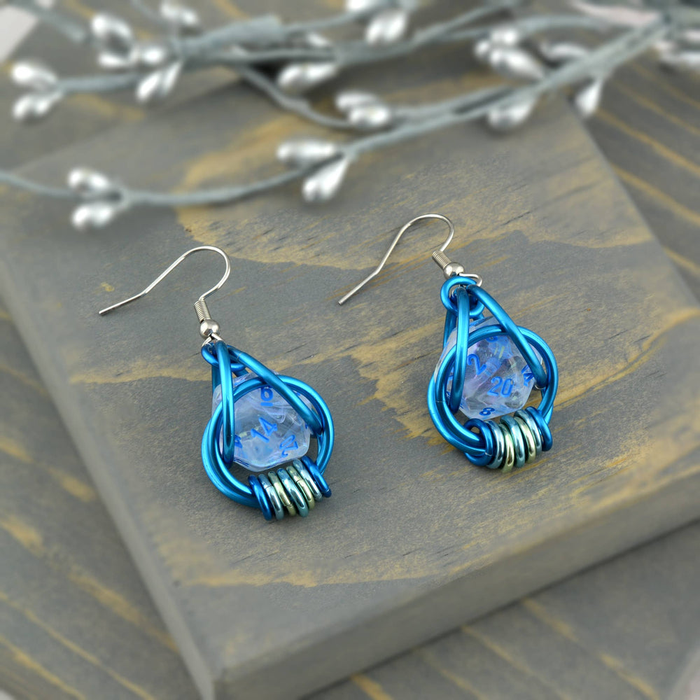 D20 Clear Blue Shimmer Earrings - UV Reactive Dice Jewelry