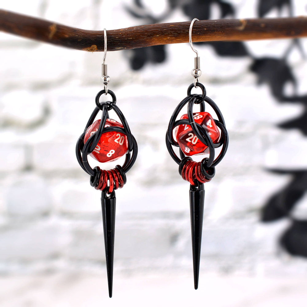 D20 Red + Black Spike Dice Earrings : Black stainless