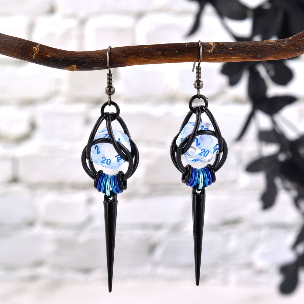 D20 Black Spike Dice Earrings - UV Reactive Jewelry: Stainless steel