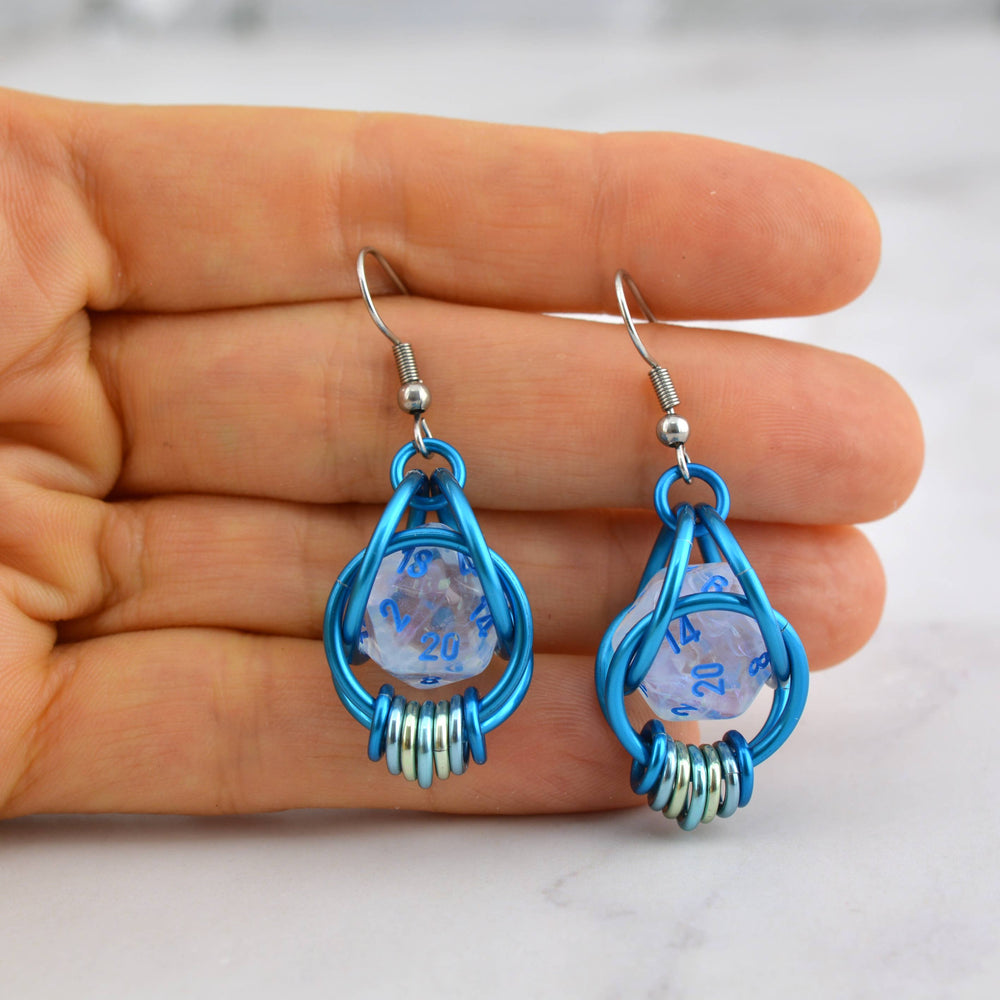 D20 Clear Blue Shimmer Earrings - UV Reactive Dice Jewelry