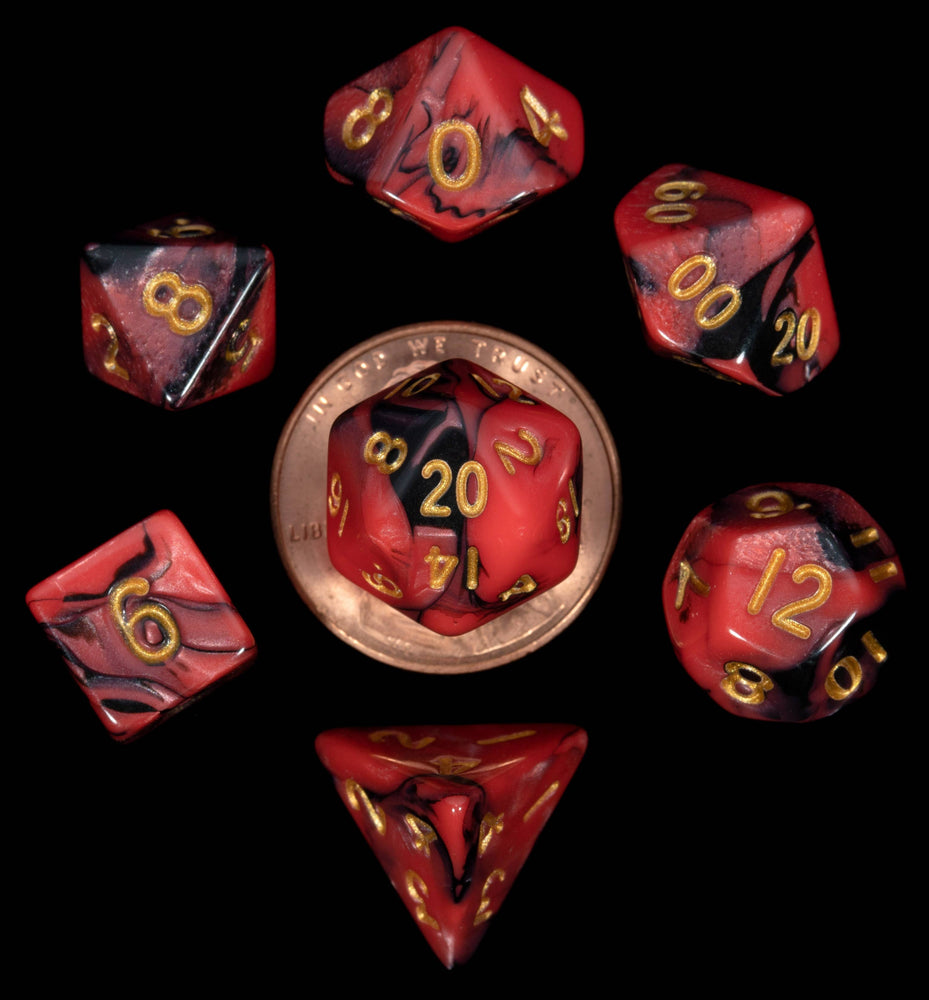 10mm Mini Dice Acrylic Polyhedral Set (24 Options): Marble with Red Numbers