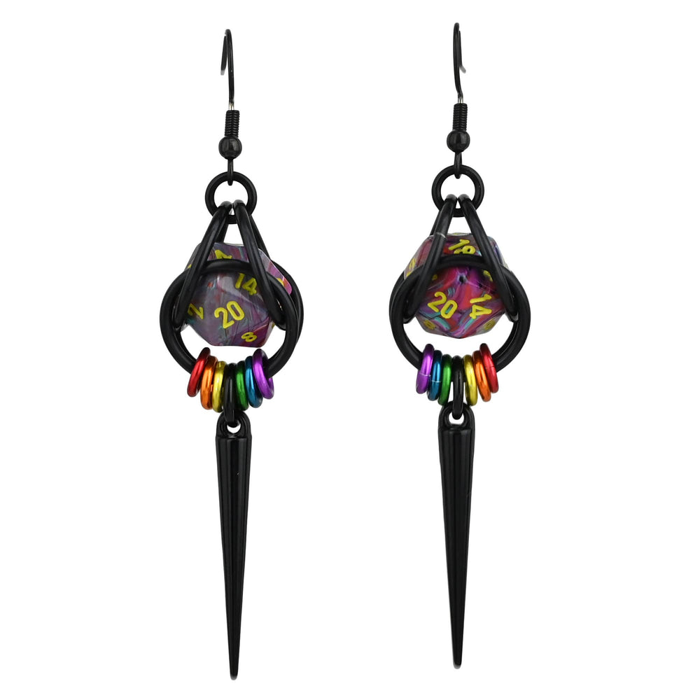 D20 Black Rainbow LGBTQ Pride Spike Dice Earrings: Multi / Black stainless