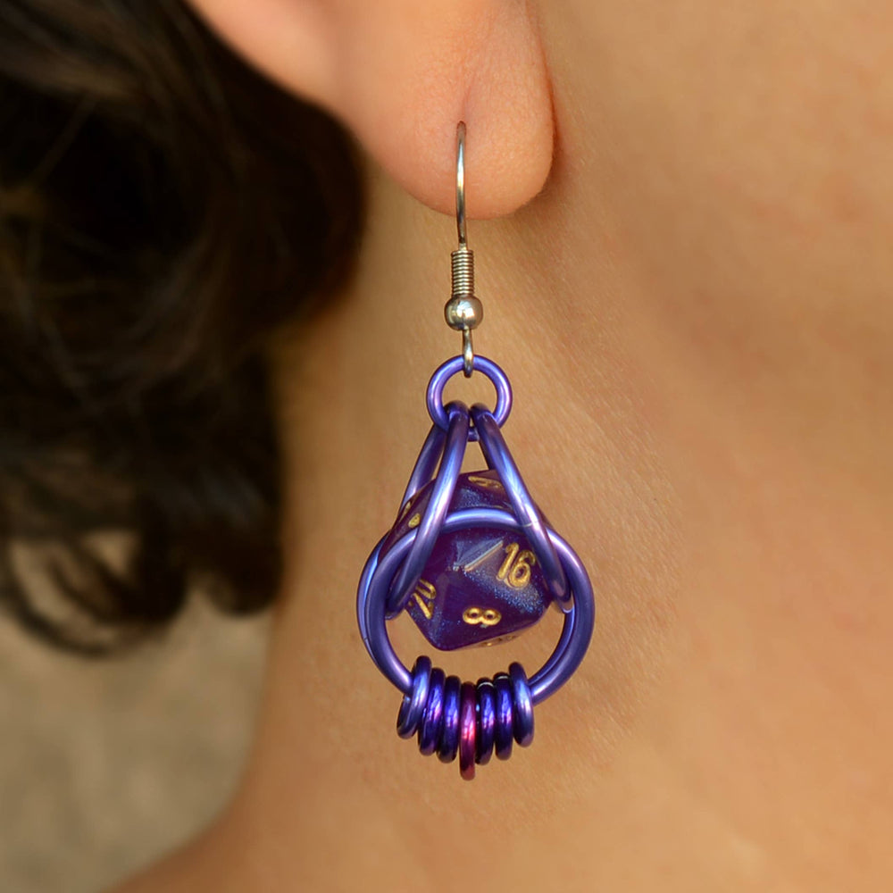D20 Purple Magic Earrings - Mini Dice in Chainmaille Cage