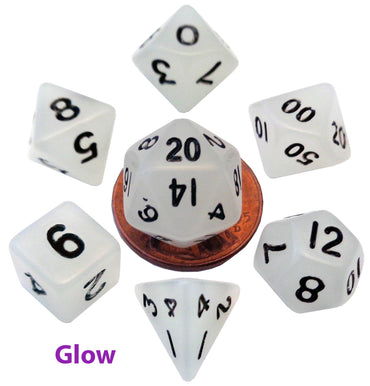 10mm Mini Dice Acrylic Polyhedral Set (24 Options): Glow Clear with Black Numbers