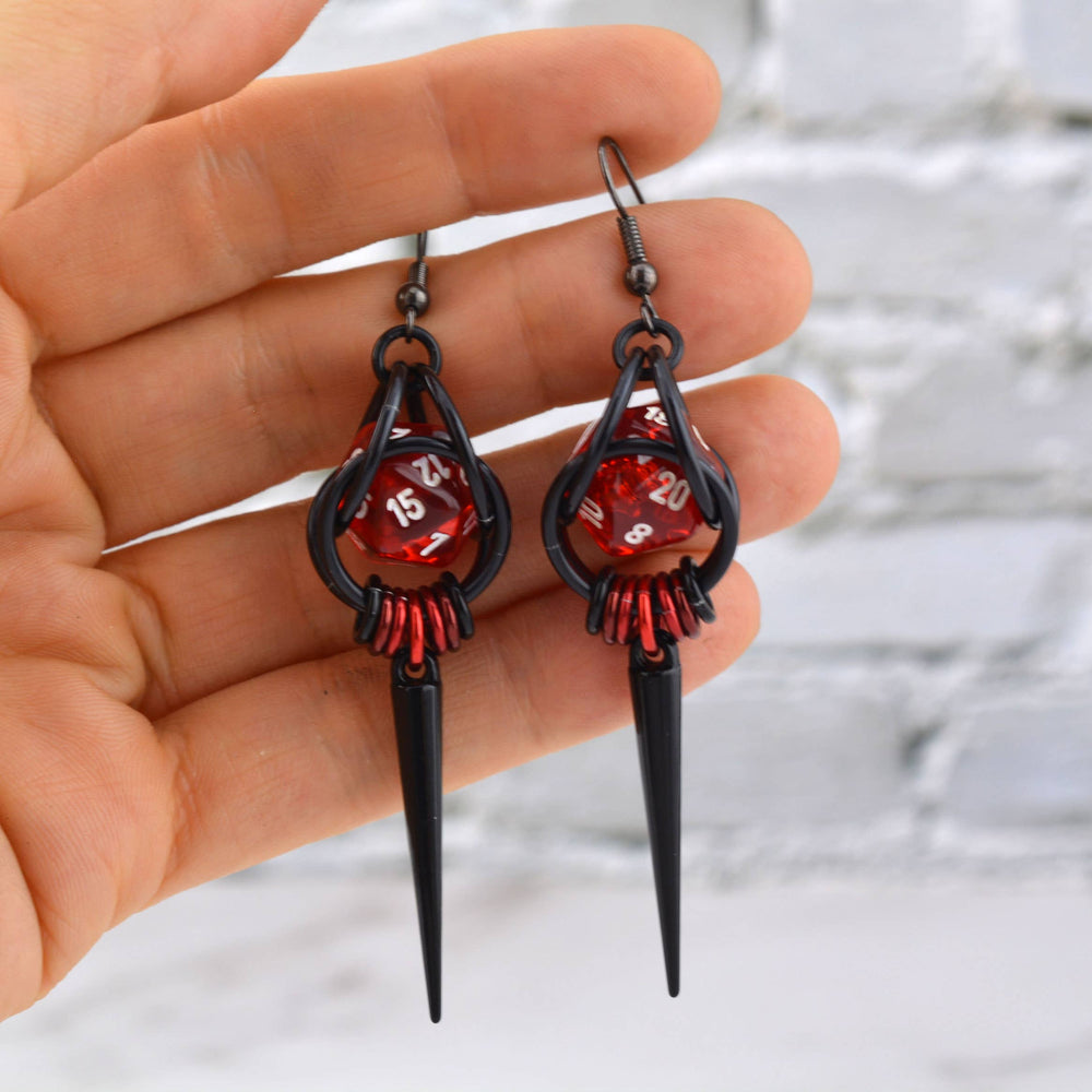D20 Red + Black Spike Dice Earrings : Black stainless