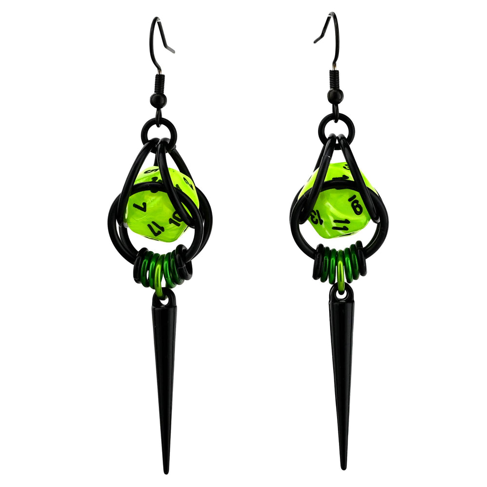 D20 Neon Green Spike Dice Earrings: Black stainless