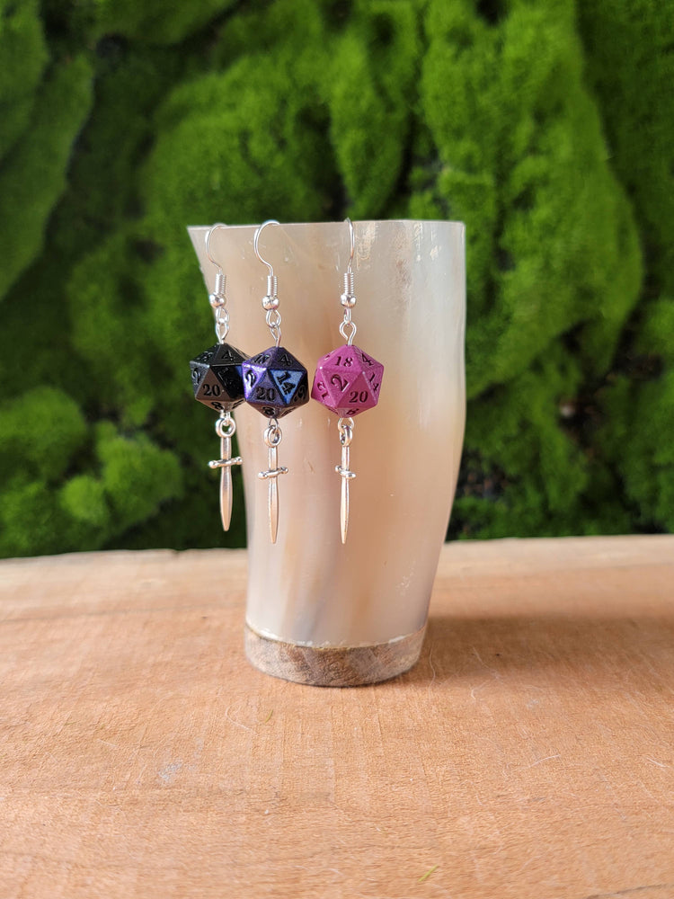 D20 Dice Earrings: Silver Daggers, Color Options | D&D Gift : Purple