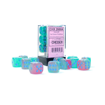 Chessex 16mm d6 (12) Gemini Luminary - Gel Green-Pink/Blue