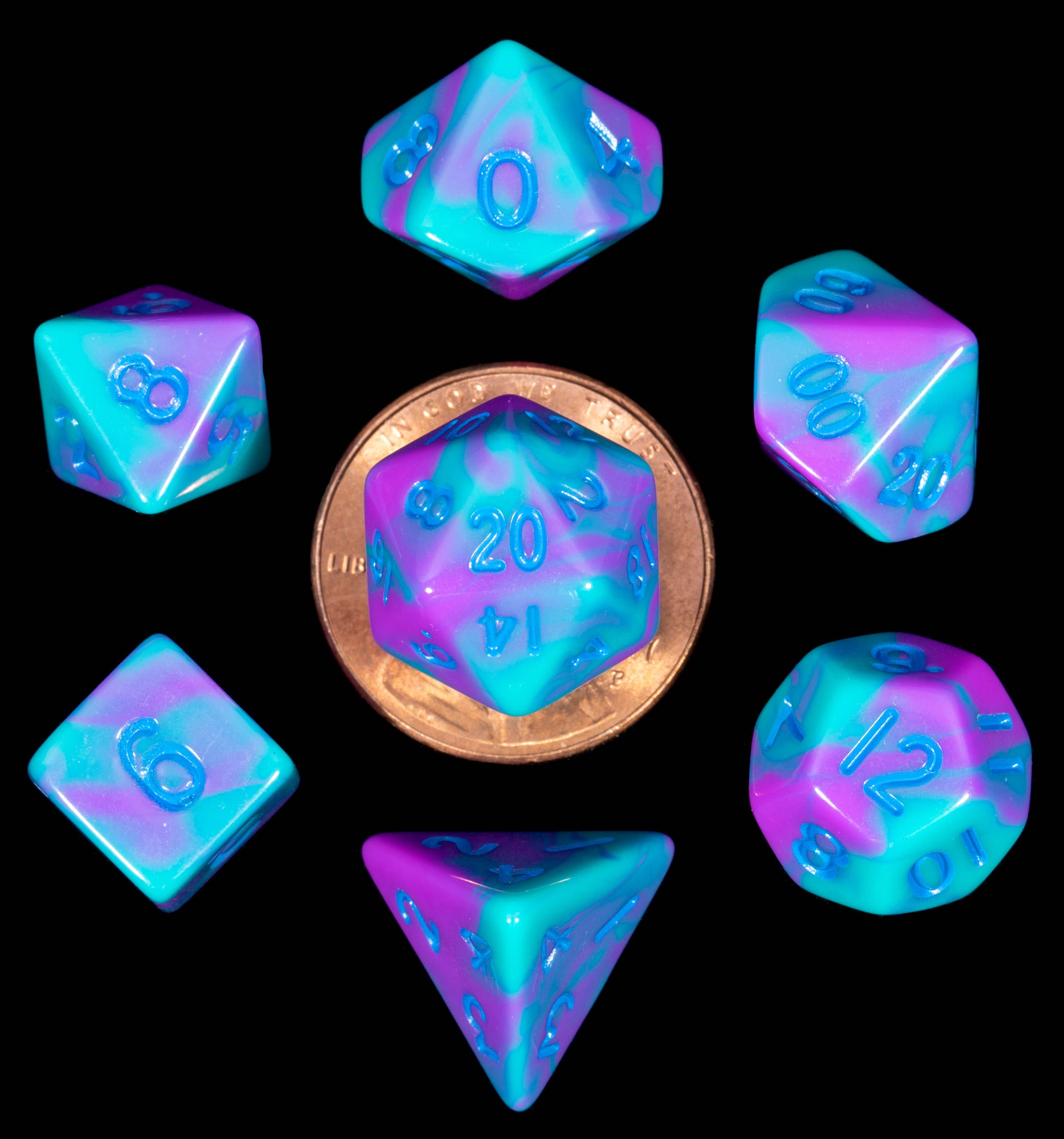 10mm Mini Dice Acrylic Polyhedral Set (24 Options): Purple and Teal with Blue Numbers