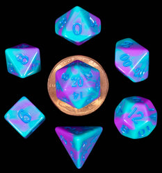 10mm Mini Dice Acrylic Polyhedral Set (24 Options): Marble with Blue Numbers