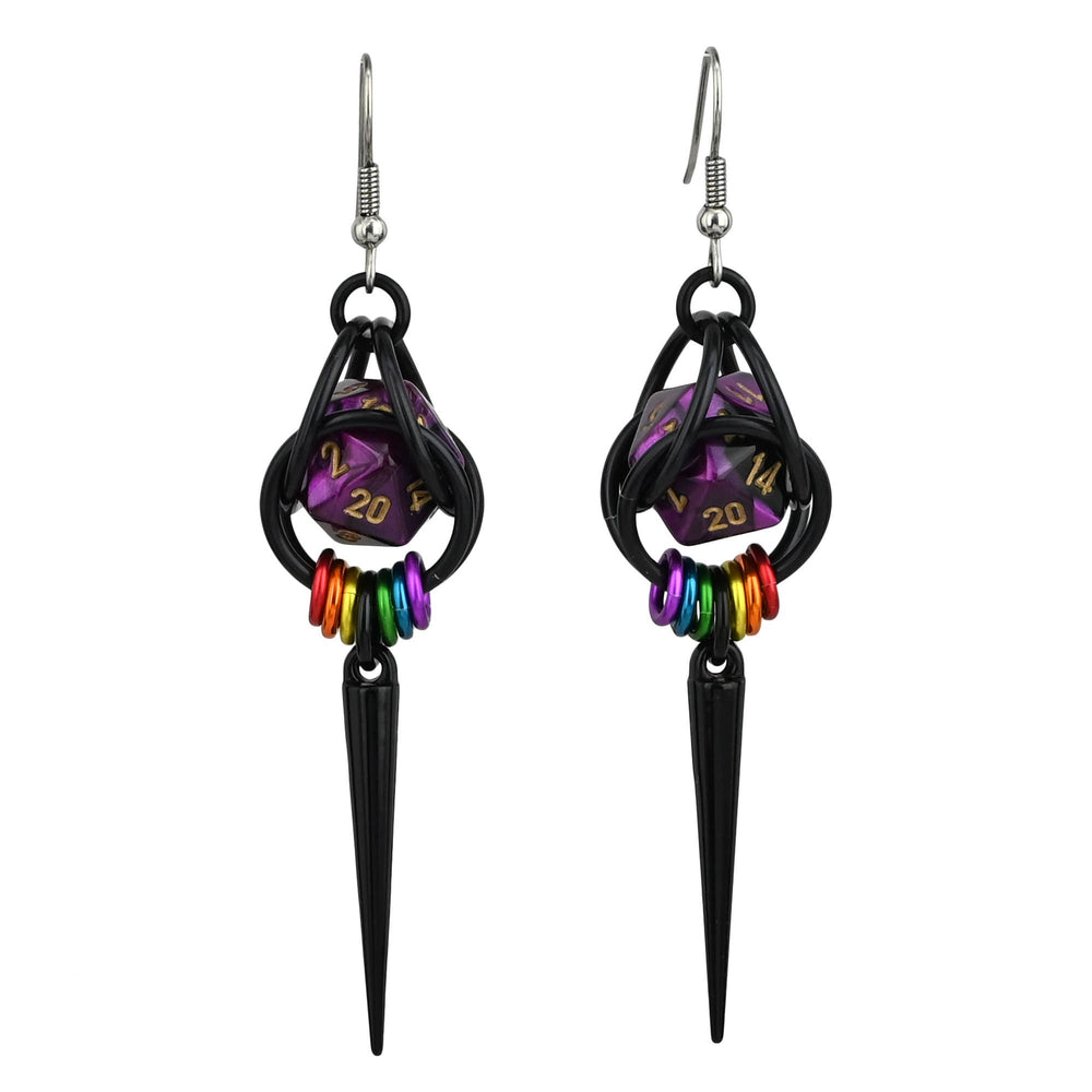 D20 Black Rainbow LGBTQ Pride Spike Dice Earrings: Multi / Black stainless