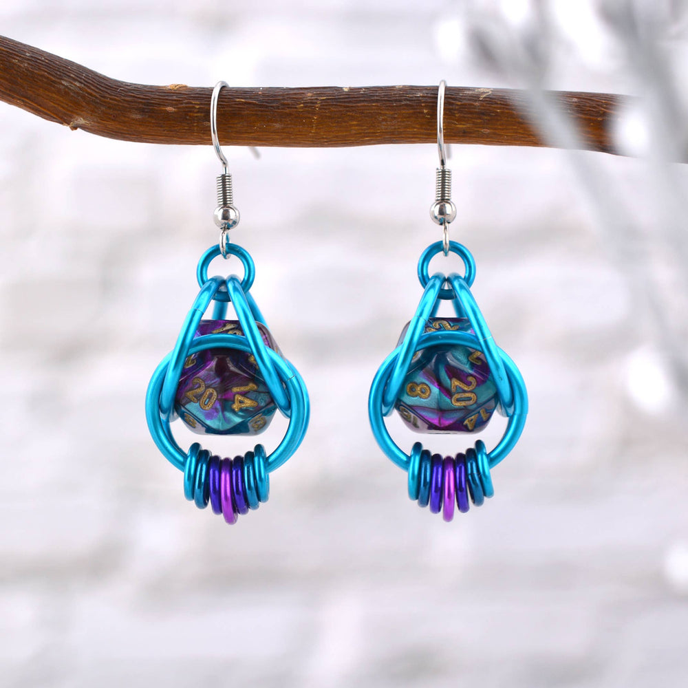 D20 Magical Butterfly Earrings - Purple & Turquoise Dice